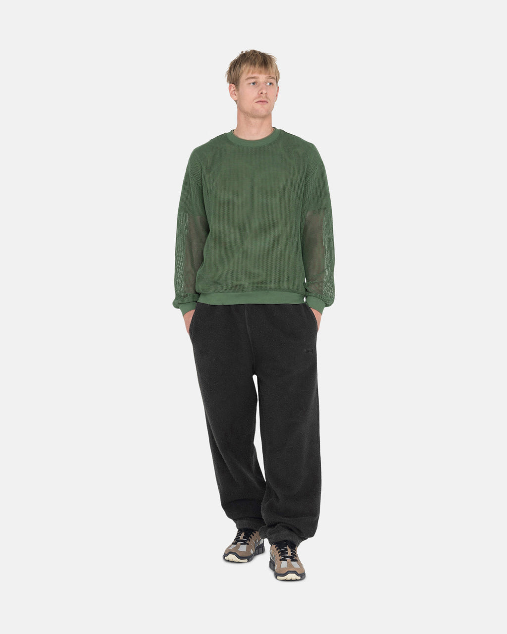 Stussy Bomulds Mesh Ls Crew Skjorte Olivengrøn | 6473NSBWA