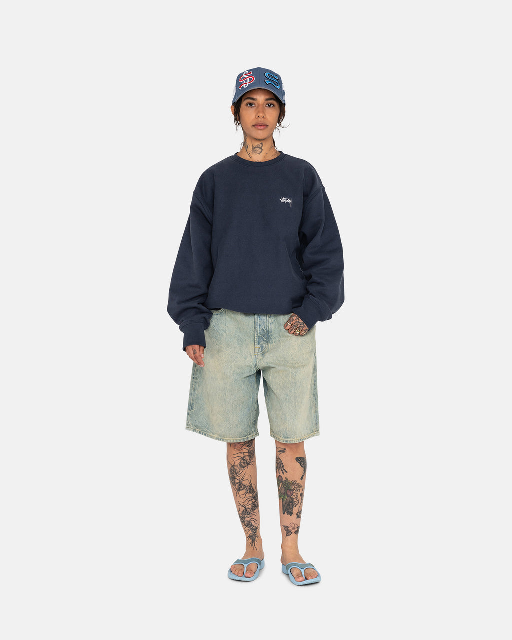 Stussy Overdyed Stock Logo Crew Shorts Mørkeblå | 3574DAONS