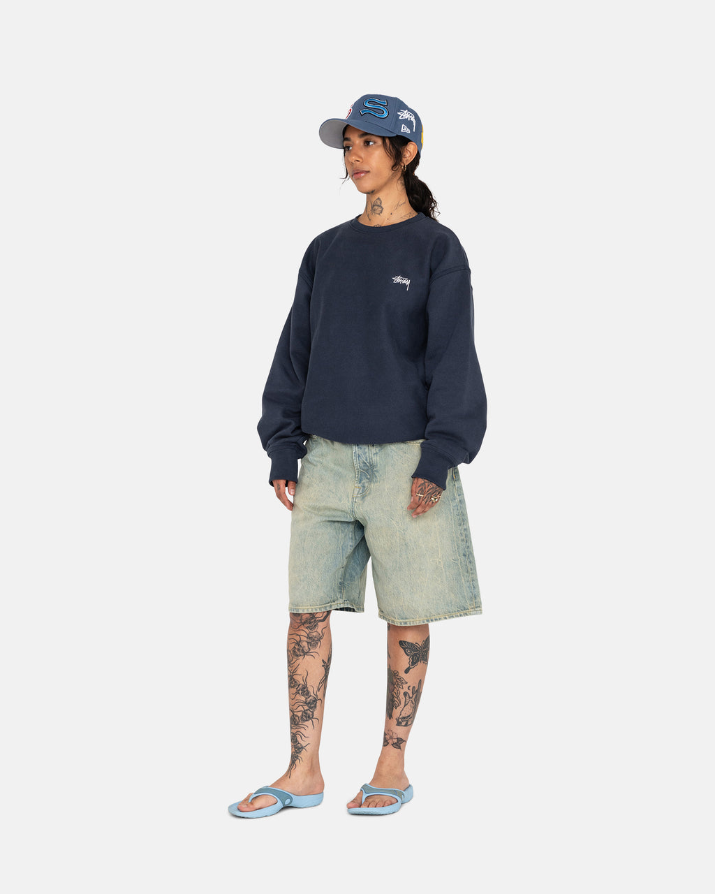 Stussy Overdyed Stock Logo Crew Shorts Mørkeblå | 3574DAONS