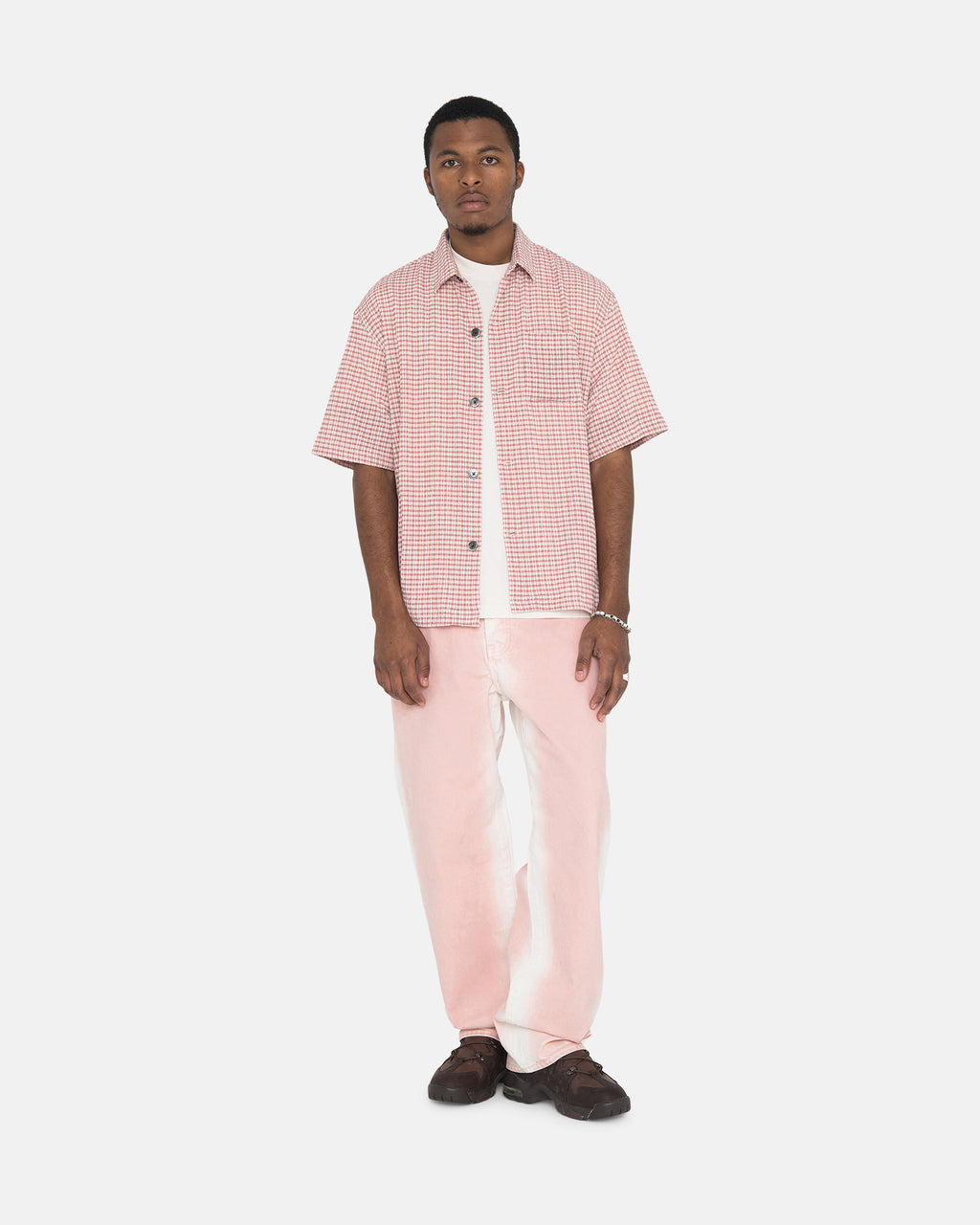 Stussy Wrinkly Gingham Ss Skjorte Lyserød | 7294IHEOV