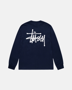 Stussy Basic Ls Løbe T-shirt Mørkeblå | 7102EKQCP